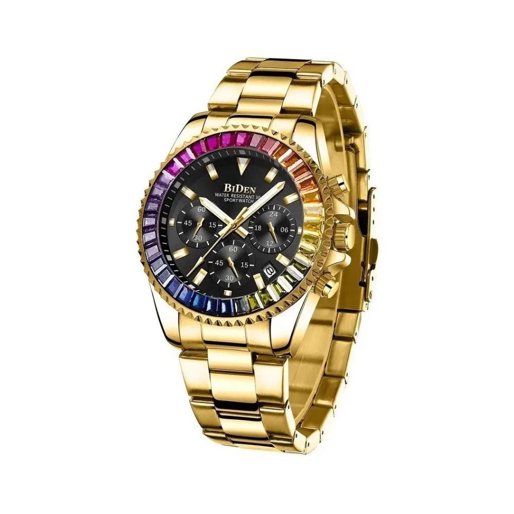 BIDEN Mens Watch Chronograph Luxury Rainbow Case Golden Analog Watch Analog Watch - For Men 0037